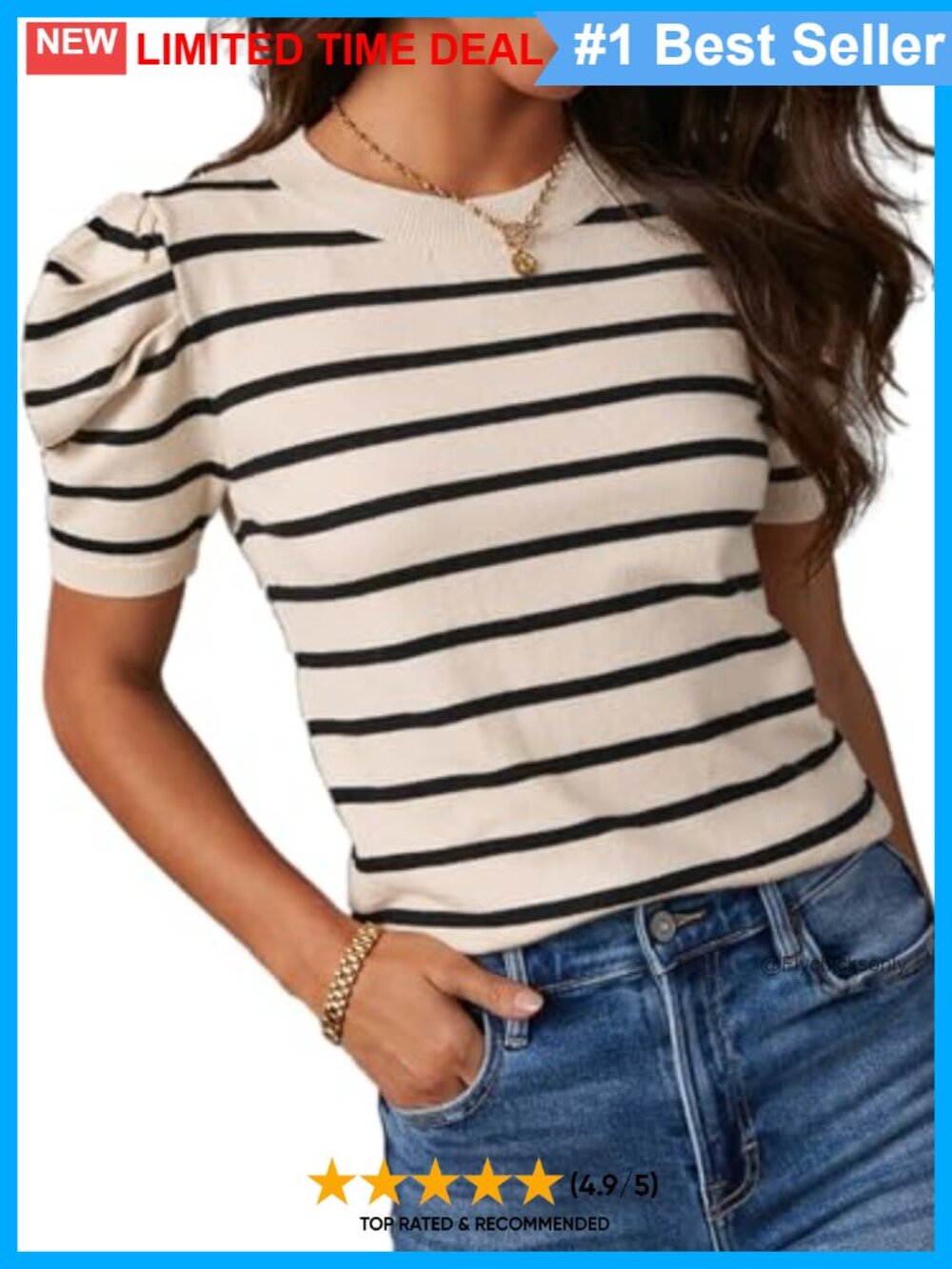 Women's Striped Short Puff Sleeve Lightweight Knit Pullover Sweater